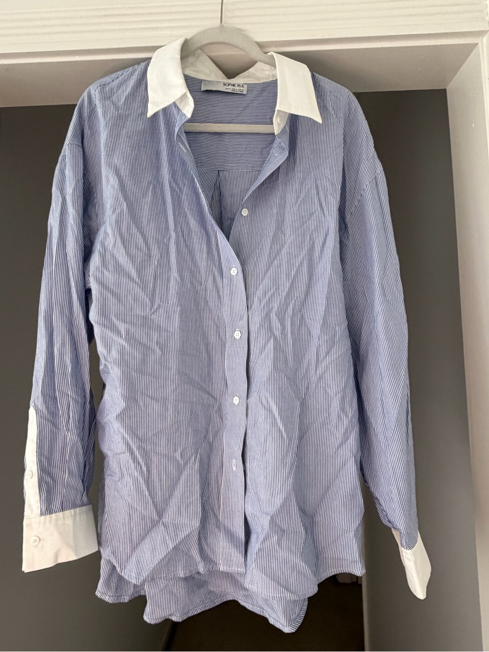 Sophie Rue Blue Ami Button Up Pinstripe Shirt with White Collar & Cuffs